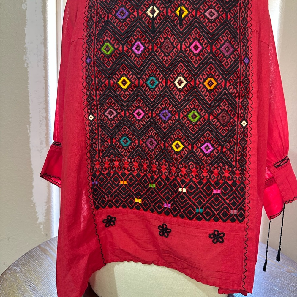 Embroidered Red Tunic with Geometric Patterns